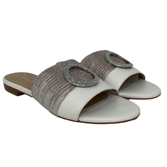 Joan Oloff Sandals Flats White Leather Silver Buckle Size 6.5 - Picture 2 of 13